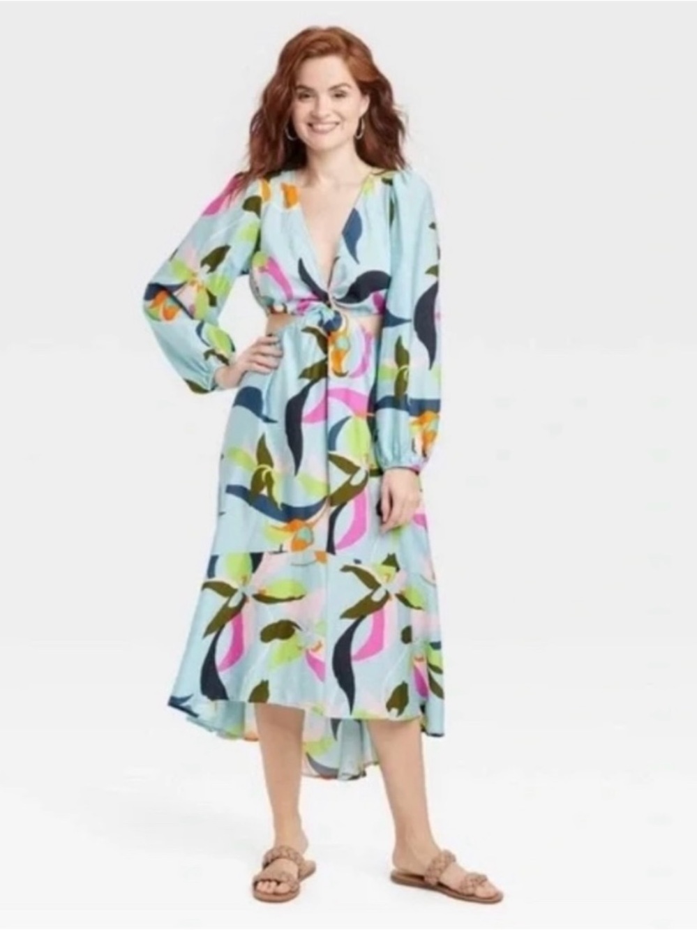 a new day Light Blue Floral-Print High-Low Dress Medium